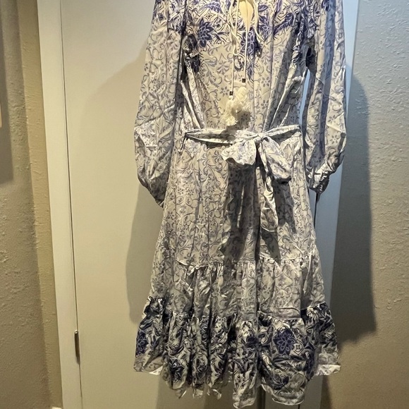 Boho blue dress nwt by nostalgia midi dress belted waist - Picture 2 of 15